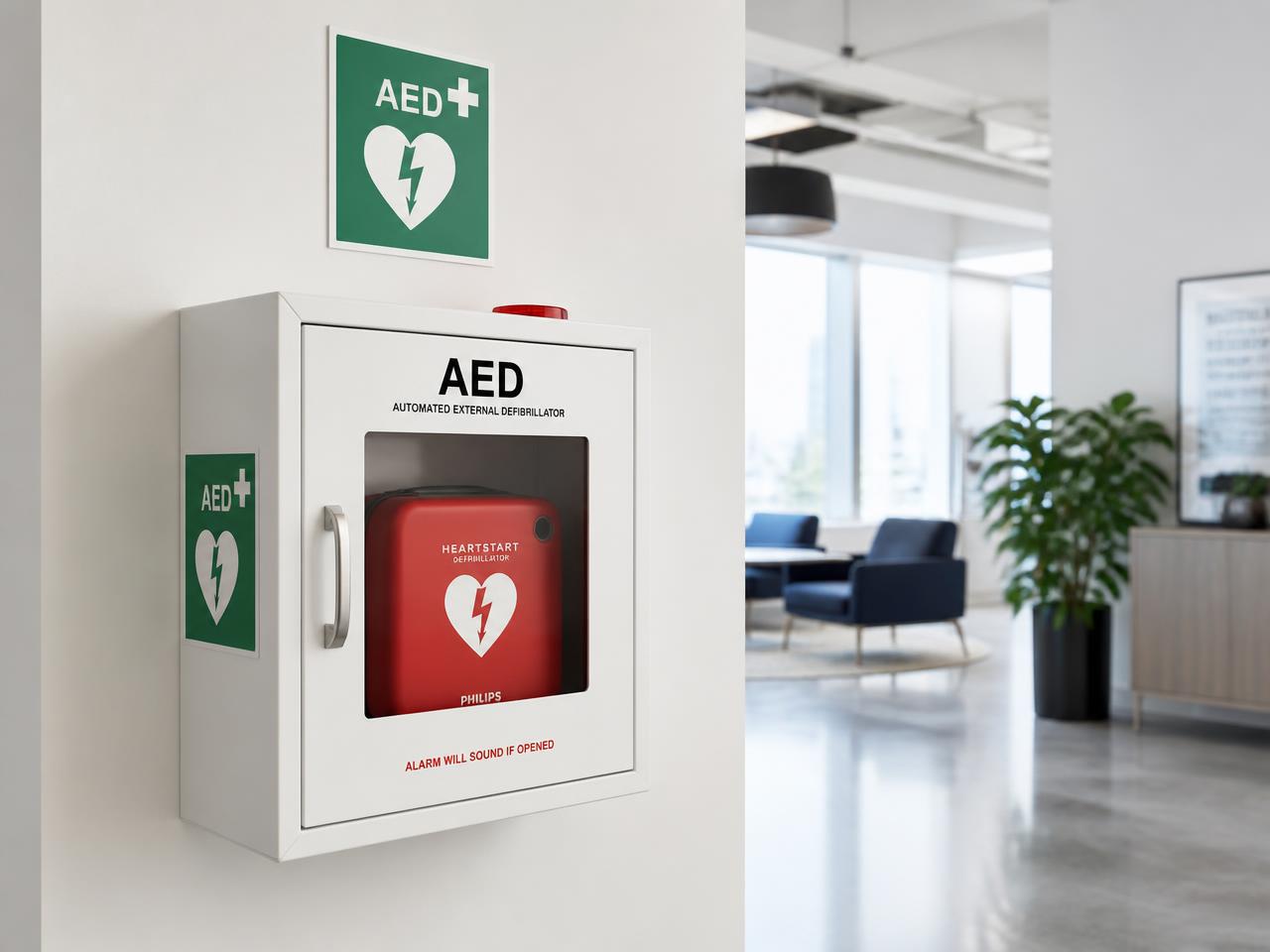 AED in een wandkast in een kantoorhal