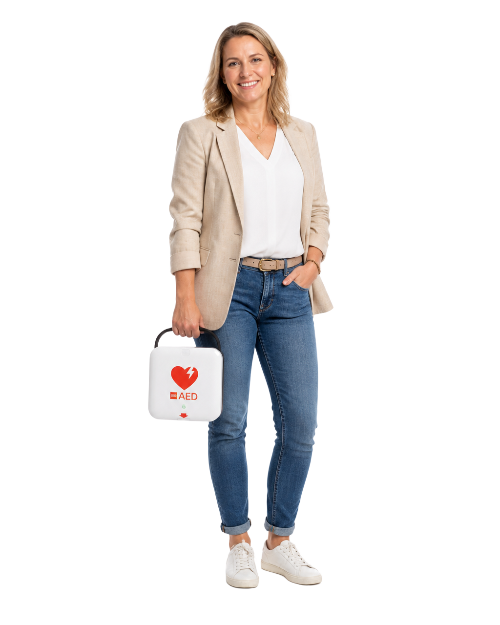 Vrouw met een draagbare AED in de hand